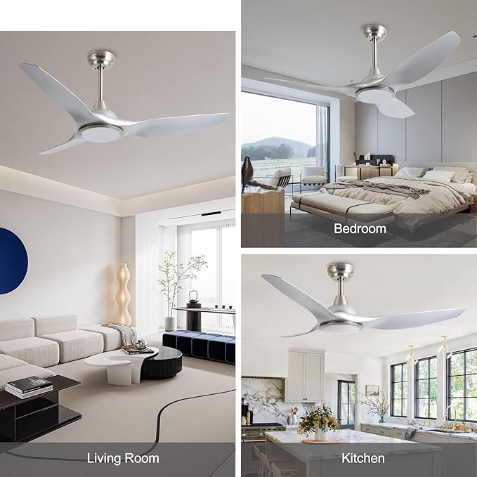 52 Inch Quiet DC Motor Ceiling Fan with Light Remote Control, Indoor 3 Blade Silver Modern Ceiling Fan for Bedroom Living Room Porch
