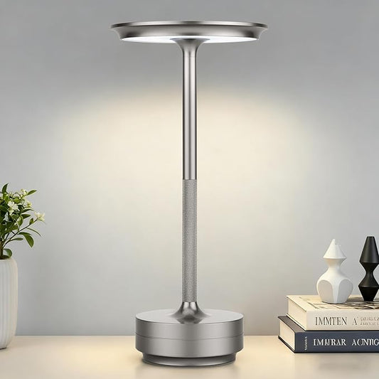 Cordless Table Lamp Rechargeable - 5000mAh Battery Operated LED Table Light with Touch Stepless Dimming - Portable Silver Metal Outdoor Lamp for Patio, Restaurant, Bedroom