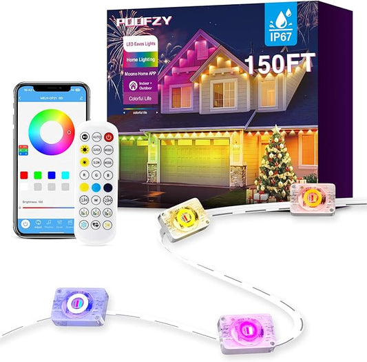 POOFZY Permanent Outdoor Lights for House,150ft RGB+IC Smart Outdoor Decor, 50 Scene Modes,App/Remote Control,IP67 Waterproof,for Christmas,Halloween,Daily & Holiday Party Decor,House Roof Lighting