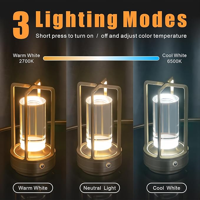 Rechargeable Table Lamp Cordless, 3 Color | Crystal | Stepless Dimming, for Bedroom, Cafe, Camping, Bar, Dining Table, Restaurant, Gold