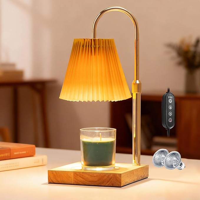 Candle Warmer Lamp with Timer Dimmable,Wax Warmer Lamp with Pleated lampshade,Height Adjustable Candle Warmer with 2 Bulbs,Gifts for Women Mom,House Warming Gifts New Home Bedroom Decor