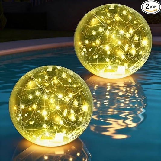14" Solar Powered Inflatable Floating Pool Lights - Waterproof Warm White Glow, 2 Pack Pool Party Decor for Nighttime Pond/Patio Ambience