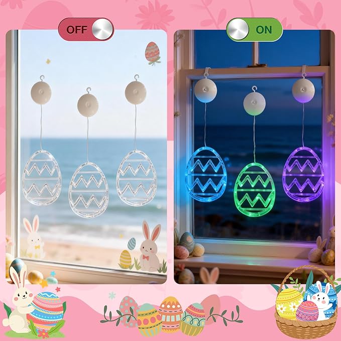 Easter Window Lights Decorations, 3 Pack Easter Hanging Window Decor Purple Green Blue Egg Lights with Suction Cup, Indoor Battery Operated Egg LED Holiday Lamp for Door Window (Purple Green Blue)