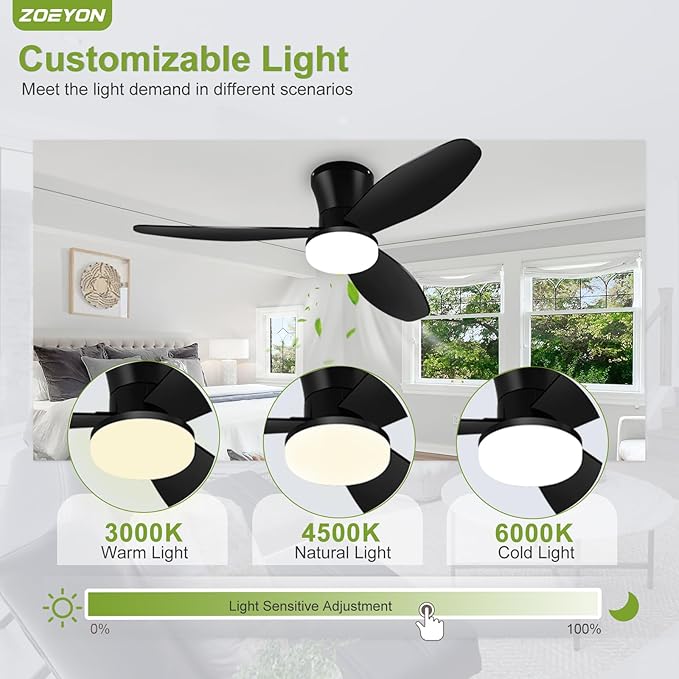Small Ceiling Fan with Light - 42 Inch Flush Mount Ceiling Fan with Lights and Remote, Low Profile Ceiling Fans with 3 Reversible Blades, 6 Wind Speeds, Black Ceiling Fans for Bedroom