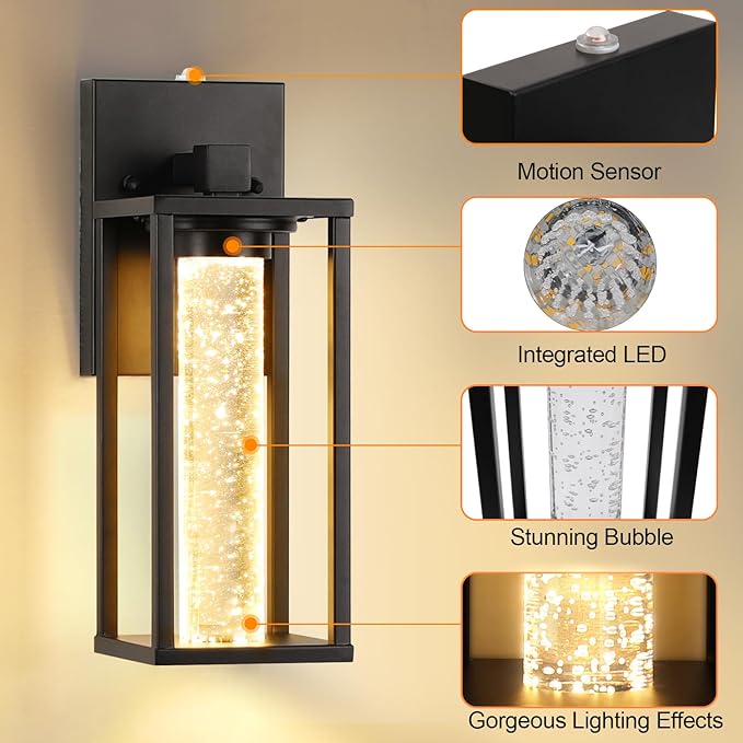 WIHTU Dusk to Dawn Porch Light, Sensor Outdoor Light Fixture for House with Crystal Bubble, Modern Matte Black Exterior Lighting Fixtures, 2 Pack Outside Lanterns for Garage Entryway