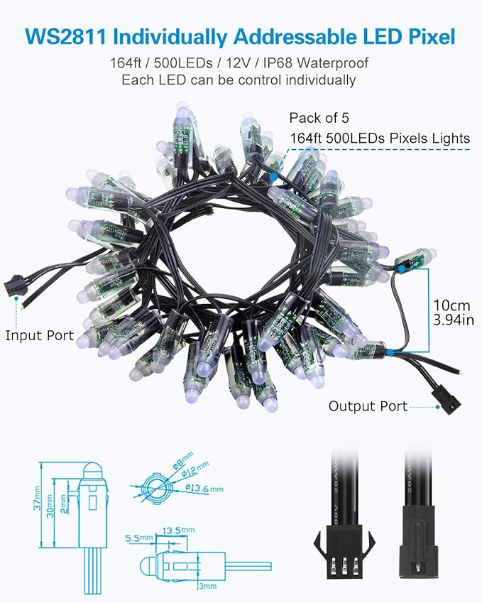 ALITOVE DC 12V WS2811 12mm Diffused Digital RGB LED Pixel Light Individually Addressable Round LED Bullet Pixels 500pcs IP68 Waterproof for Billboard House Daily & Holiday Party Decor