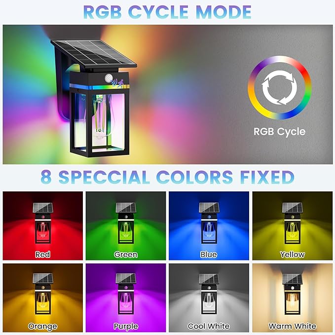 RGB Solar Wall Lights Outdoor, Dusk to Dawn & Motion Sensor Porch Light with Lantern Shape, 10 Modes (RGB Cycle/Fixed) IP65 Waterproof, E26 Bulb Exterior Sconce for Front Porch, Garage, Patio