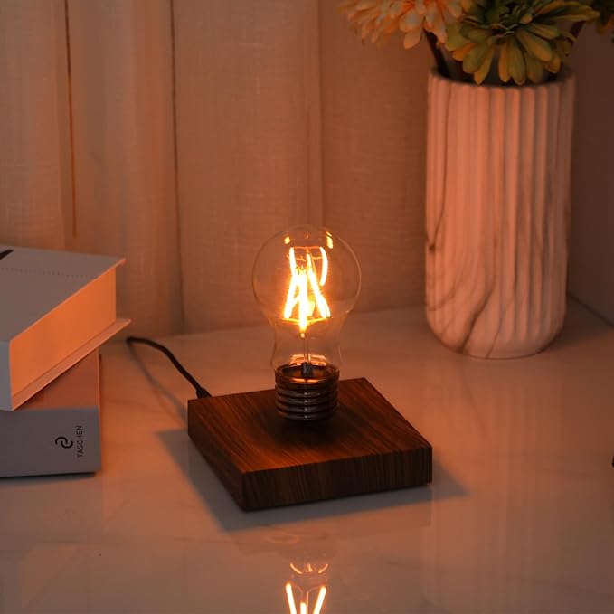 Levitating Lamp,Floating Light Bulb,Magnetic Levitating LED Desk Lamp for Unique Gifts,360 Degre Rotating Night light,Levitating Cool lamps for Home & Office,Birthday Christmas gift,Square Wooden Base