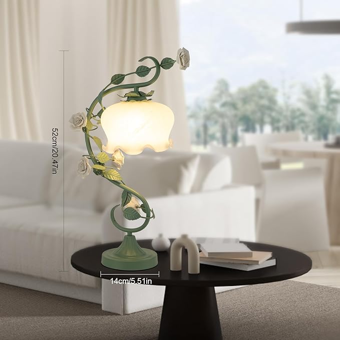 Flower Desk Lamp, E26 Glass Table Lamp Reading Light for Small Space Bedroom Home Office, Bedside Lamp with Soft Light, Applicable 3-5m² Area (Green, 5.5" W x 20.4" H)