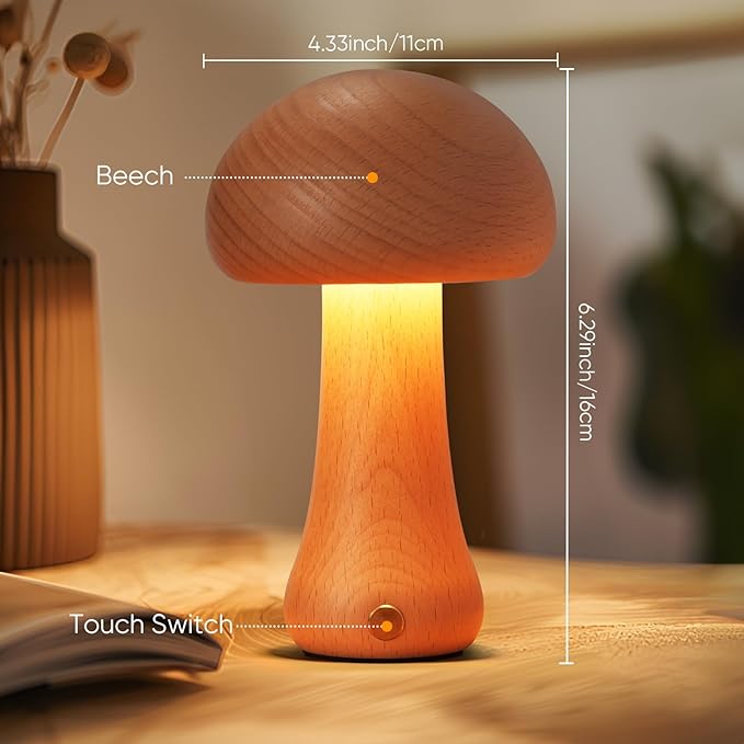 Small Wood Mushroom Lamp, LED Cordless Bedside Touch, Portable Dimmable Battery Mushroom Lamp for Bedroom Nightstand