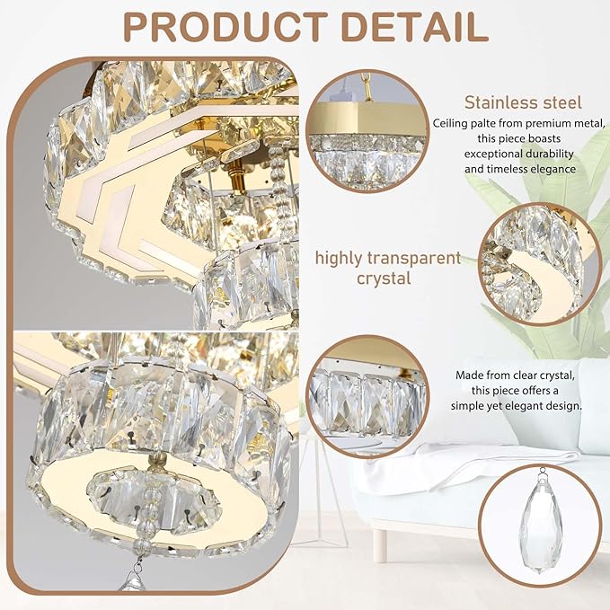 Flashing God Small Crystal Chandeliers Dia 12" Gold Chandelier Flush Mount Ceiling Light for Bedroom Living Room Dining Room Hallway Dimmable 3 Rings LED Celing Lighting Fixtures
