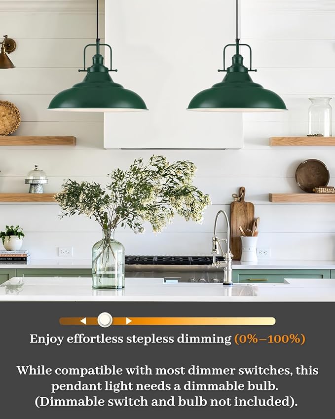 Green Pendant Light 2 Pack, 16 Inch Large Industrial Pendant Lights, Green Pendant Lights Kitchen Island, Large Farmhouse Pendant Light for Kitchen Island, Dining Room, Hallway