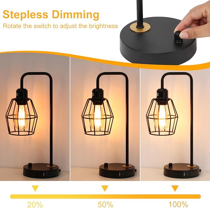 Industrial Dimmable Table Lamps, Modern Black Bedside Lamp with USB A+C Outlet Charging Ports, Farmhouse Lamp with Metal Cage Shade for Bedroom, Office, Living Room, Bulb Included