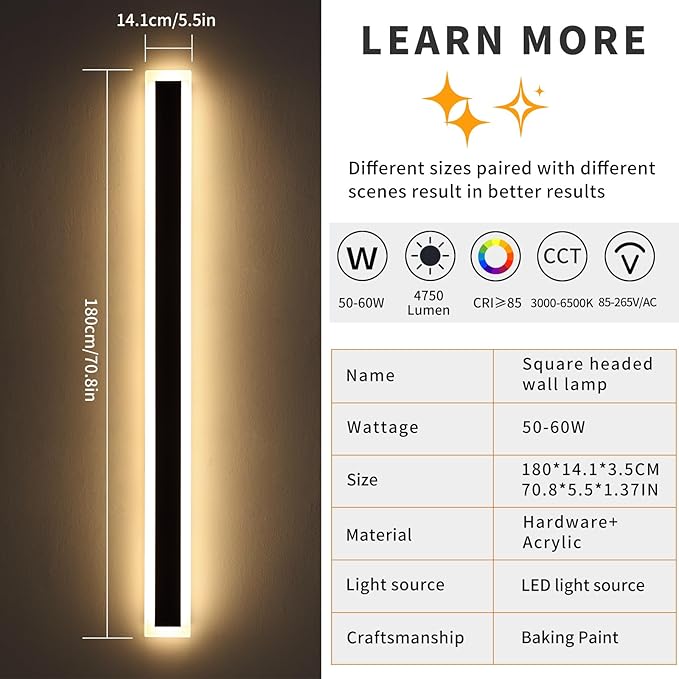 Mikeru Upgraded Widened 2pack 71inch Long Led Wall Light Fixtures, 10%-100% Dimmable Outdoor Wall Lights Exterior Front Porch Light 3000-6000k Outdoor Light Fixtures Wall Mount for Basement, Garage