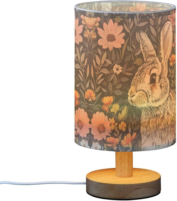 Bunny Rabbit Floral Field Table Lamp with Wood Base Fabric Lamp Shade Bedside Desk Lamp for Living Room Bedroom Kids Room Office