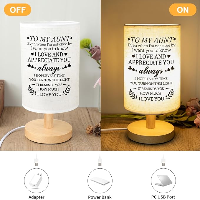 Gifts for Aunt from Niece, Aunt Mothers Day Birthday Gifts Fabric Lamp, Birthday Retirement Gifts for Aunt Table Lamp with Wooden Stand Unique Auntie Gifts