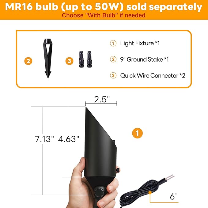 Gardenreet Low Voltage Spotlight - Outdoor Light Fixture 12V AC/DC, Brass Landscape Lights LED Hardwired, Stretchable Shroud Weather Proof Black for Flag Wreath Without Bulbs (10 Pack)