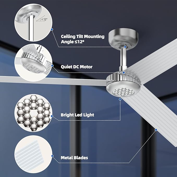 TALOYA 52 inch Modern Ceiling Fan with Lights,Remote Control,3 Metal Blades,Silver Finish,6-Speed,Dimmable, Noiseless Reversible DC Motor,Indoor/Outdoor Ceiling Fan for Living Room Bedroom patio