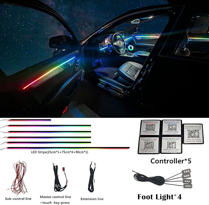 Dreamcolor Acrylic Interior Car LED Strip Light, RGB 10 in 1 Fiber Optic Ambient Lighting Kits, 16 Million Colors Sound Active Function Car Neon Lights with Wireless APP