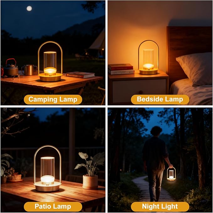 Cordless Table Lamp - Portable Lumisom Crystal Lantern with Touch & 3 Color Dimmable, Rechargeable Small Battery Powered Desk Lamp, Kiyagi Crystal Lantern for Bedroom Bedside Patio Camping Bar (Gold)