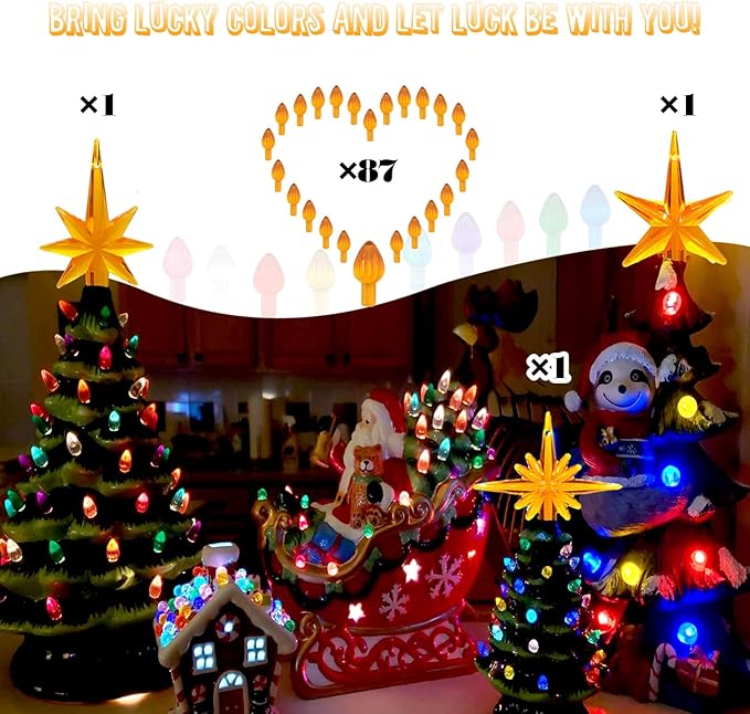 Ceramic Christmas Tree Replacement Lights Bulbs, Golden Yellow Medium Twist Plastics Pegs Ornaments for Ceramic Tree(87 Bulbs＆ 3 Topper Star)
