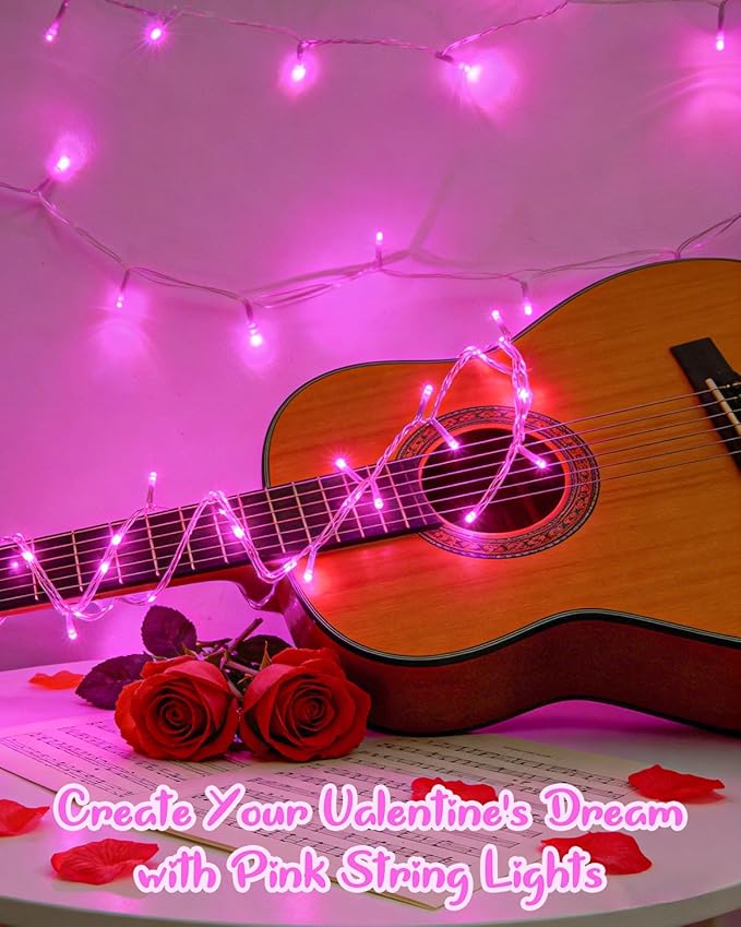 Pink String Lights Battery Operated, Valentine’s Day Lights with Timer Waterproof 16.4ft 50 LED Valentines Decorations for Outdoor Indoor Patio Party Garden Yard Decor 2 Packs