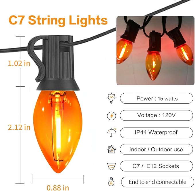 C7 Orange Halloween Lights Outdoor, 25FT LED String Lights with 25 Bulbs, Waterproof Fall Thanksgiving Decor for Patio, Fence, Tree, Party
