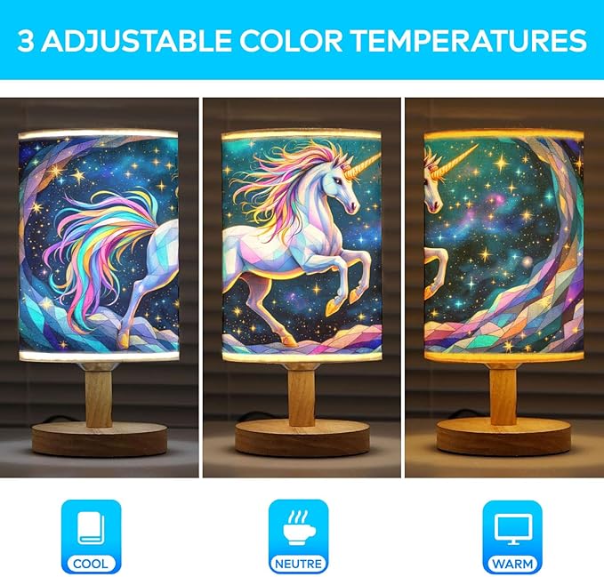 Unicorn Table Lamp LED 3-Color Pressed Bedside, Unicorn Shade Lamp with Wood Base for Bedroom Living Room Desk Office TL01