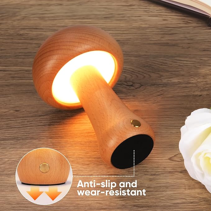 Small Wood Mushroom Lamp, LED Cordless Bedside Touch, Portable Dimmable Battery Mushroom Lamp for Bedroom Nightstand