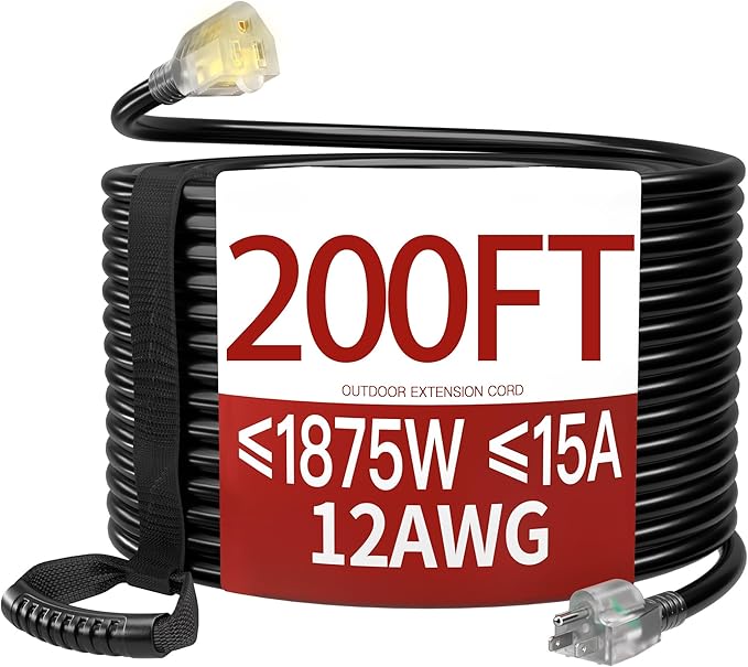 200 FT 12 Gauge Extension Cord Outdoor, Heavy Duty Weatherproof & Flame Retardant Black 3 Prong Power Cord with Light, Outside for Lawn & Garden, 13 Amps 1625 Watts 125 VAC 12AWG SJTW, ETL Listed