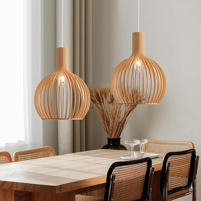Wood Pendant Light, Natural Weaving Hanging Lamp, E26 Base Wooden Hand Made Chandelier, Boho Height Adjustable Dining Table Hanging Lamp for Bedroom Bar Café Kitchen Island Hallway Living Room