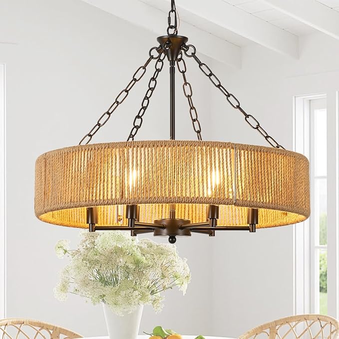 Farmhouse Ceiling Chandelier, 24-inch Bohemian Style Natural Rustic Woven Hemp Rope Pendant Light Round Black Suspension Fixture Suitable for Living Room, Bedroom, Dining Room, Kitchen