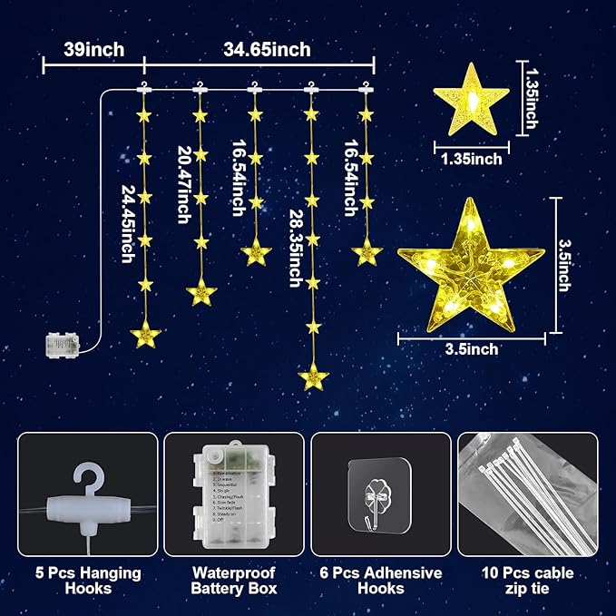 GLOONITY Decorative String Lights for Celebrating Birthdays, Easter, Christmas, Halloween, Indoor Light Fixtures, 46Leds Waterproof Star Curtain Lights Battery Operated, Warm White LED Lamps