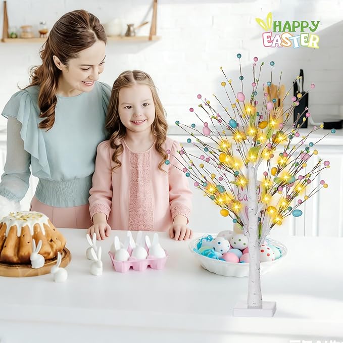 Easter Decorations 2 Pcs 25inch Lighted Easter Tree with Timer&Battery Operated,Pre-Lit Easter Egg Tree Tabletop Decor with LED Lights,Eggs,Artificial Birch Trees for Home Party Mantel Indoor Spring