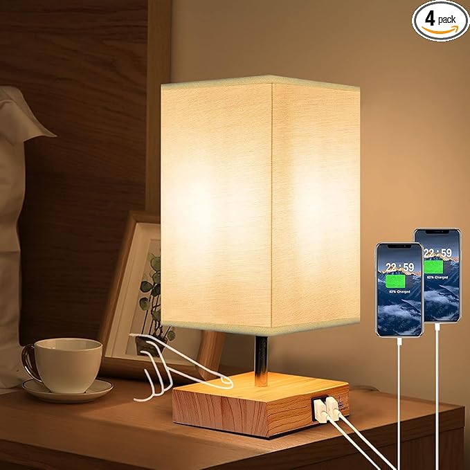 Touch Control Table Lamp, 2 USB Charging Ports, Bedside Lamp for Nightstand with Round Fabric Lamp Shade, Modern Night Light for Living Room, Bed Room, Kids Room, Office (Square)