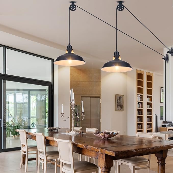 Plug in Pulley Pendant Light with 14.76ft Cord On/Off Switch, Industrial Barn Black Hanging Lights with Plug in Cord, Pulley Wall Pendant Lamp for Kitchen Island, Pool Table, Bedroom, 1 Pack