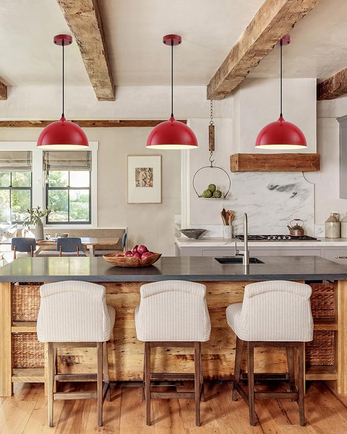 Industrial Pendant Light Fixtures,11.8" Red Dome Pendant Light Over Kitchen Island 3 Pack, Adjustable Vintage Ceiling Hanging Lamp for Bedroom Restaurant Bar Cafe Dining Room Sink