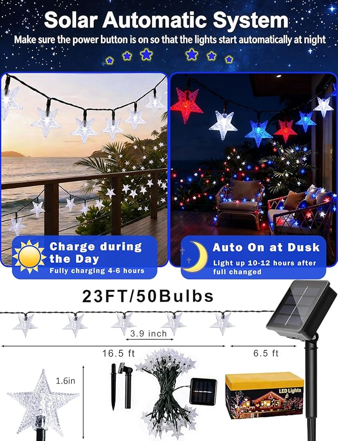 Solar String Lights Red White Blue Star LED Solar Powered Lights Waterproof Outdoor Lights for 4th of July Decorations Patio Garden Yard Memorial Day Independence Day Christmas Party with 8 Modes