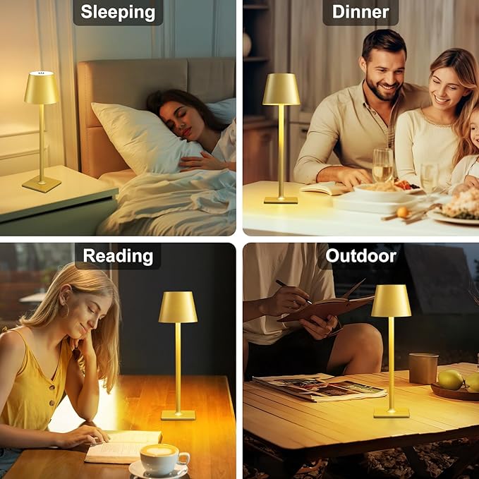 4 Pack Gold Cordless Table Lamp: 6000mAh Battery Operated Touch Lamp Outdoor Table Lights, 3 Color Stepless Dimming, Waterproof Wireless Portable Desk Lamp for Indoor Table Living Room Camping Cafe