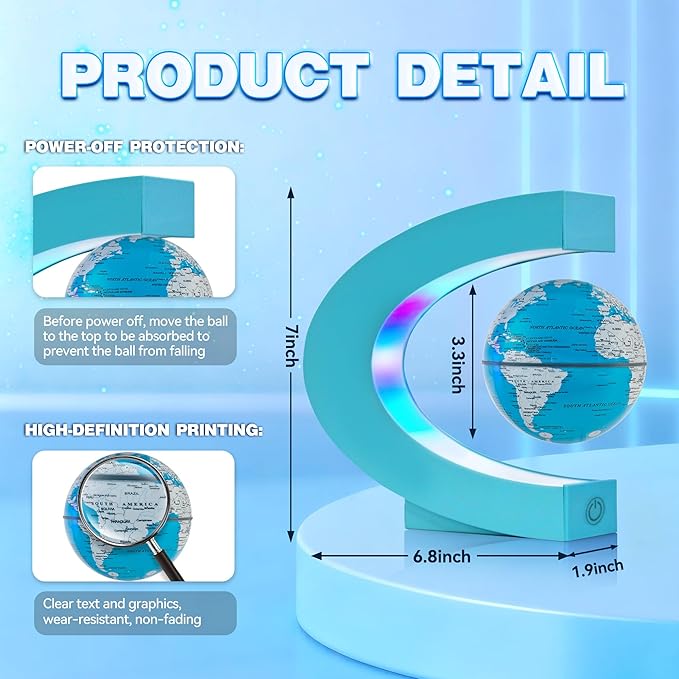 Flagest Magnetic Levitation Floating Globe, Levitating C Shape Globe with Cyan Frame and LED Lights for Education Home Office Desk Decor, Holiday Anniversary Creative Gift(3.3 Inches)