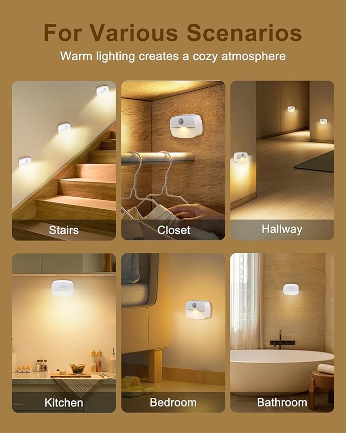 3Pcs Stick-on Motion Sensor Stair Lights, Warm White LED Night Light, Stick-Anywhere Stair Lights, Closet Light, Battery Operated Wall Light for Kitchen, Hallway, Bedroom, Bathroom, Stairs