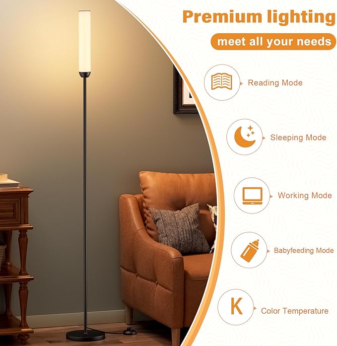 Ambimall LED Floor Lamp with Remote Control, 65" Standing lamp with Stepless Adjustable 3000K-6500K Colors & 30-100% Brightness, Foot Switch(Black)