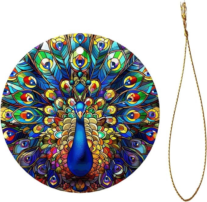 Colorful Peacock Spreading Its Tail Christmas Ornaments, Christmas Decorations Xmas Tree Hanging Ornaments, Round Ceramic Festive Keepsake Gift for Xmas Decorations Holiday Home Decor