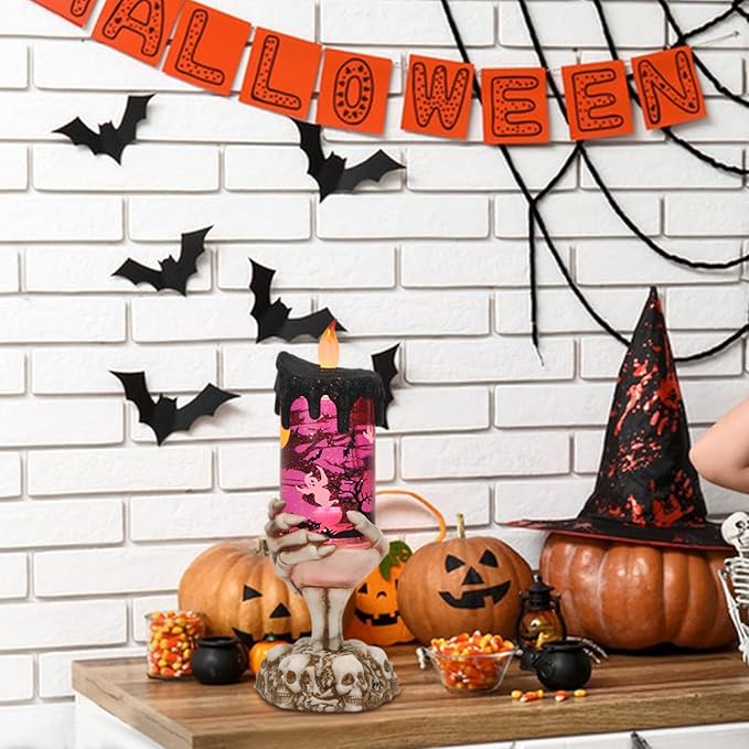 DRomance Halloween Snow Globe Flameless Candle with Timer, Battery Operated Tornado Lamp Skeleton Hand Candle Holder Purple Light Glittering Spinning Water Halloween Table Decor(Ghost, 4" x 10")