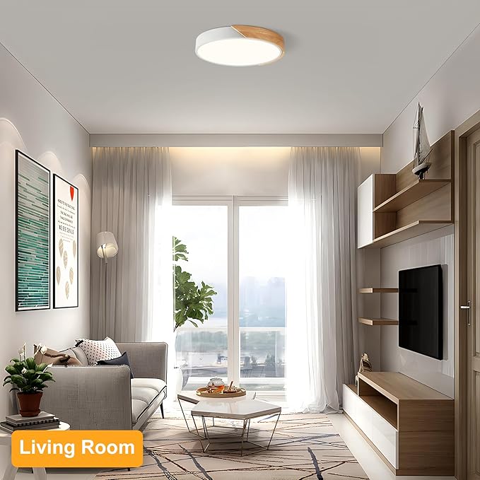 Vikaey Modern LED Ceiling Light, Minimalist Wood Flush Mount Ceiling Light Fixture, 4000K Not Dimmable, Circle Lighting Lamp with Acrylic Lampshade for Bedroom Dining Room Laundry (White, 15.8'')