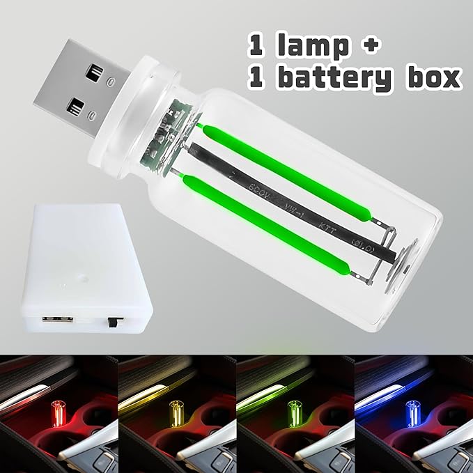 Touch Control Portable Retro Car Bulb, Battery & USB Plug in Interior Mood Lamp, No Pole Dimmable Indoor Decorative Mini Neon Night Lights for Bedroom, Camping, Holiday, Vehicle, SUV (Green, 1Pack)