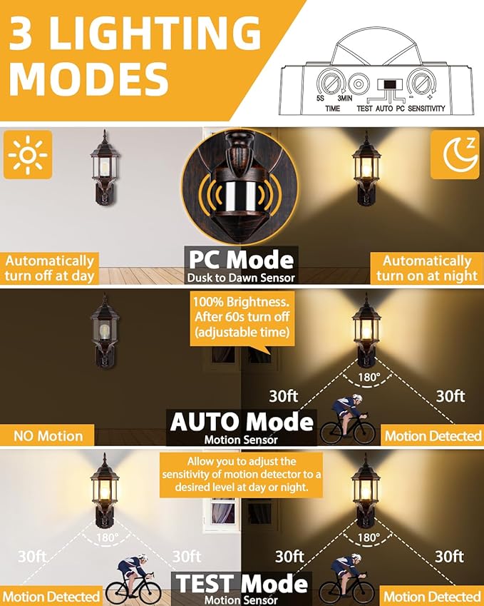Redluck Motion Sensor Outdoor Lights, 2 Pack 16 inch Dusk to Dawn Outside Porch Lights, Waterproof Anti-Rust Aluminum Outdoor Wall Lights for House, Garage, Front Door, Antique Black and Bronze Gold