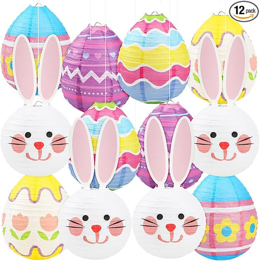 DECYOOL 12 Pieces Pastel Paper Lanterns, 8 Styles of Easter Egg Lanterns 4 Styles of Rabbit Lanterns Colorful Hanging Lantern Decor for Parties, Classroom Home Indoor Outdoor Celebrations