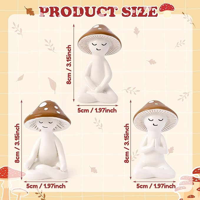 Meditation Mushroom Resin Statue - 3PCS Meditation Mushroom Statue for Desk Living Room Resin Figurine for Home Patio Office Decoration Cute Plant Statues for Tabletop Garden Backyard Decor