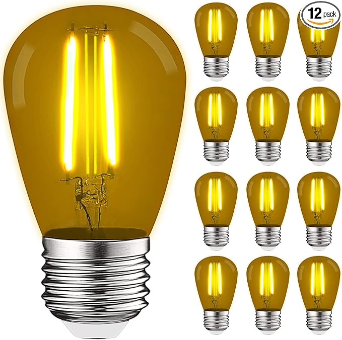 LUXRITE 12-Pack S14 Edison LED Yellow Light Bulbs, 0.5W, Colored LED Bulbs for Outdoor String Lights, UL Listed, E26 Base, Indoor Outdoor, Decoration, Party, Holiday, String Light Replacement Bulbs